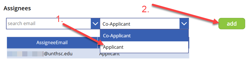 step 1, select applicant or co-applicant. step 2, click the green add button.